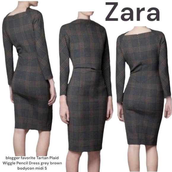 ZARA blogger favorite Tartan Plaid Wiggle Pencil Dress  brown bodycon stretch S - Picture 16 of 16